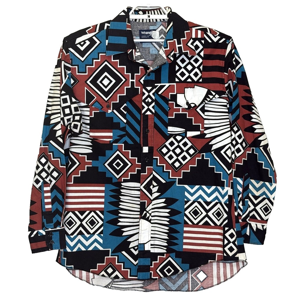 Wrangler Cowboy Cut Button Up Shirt Mens XLong Tails 17 1/2 Southwest Tribal USA